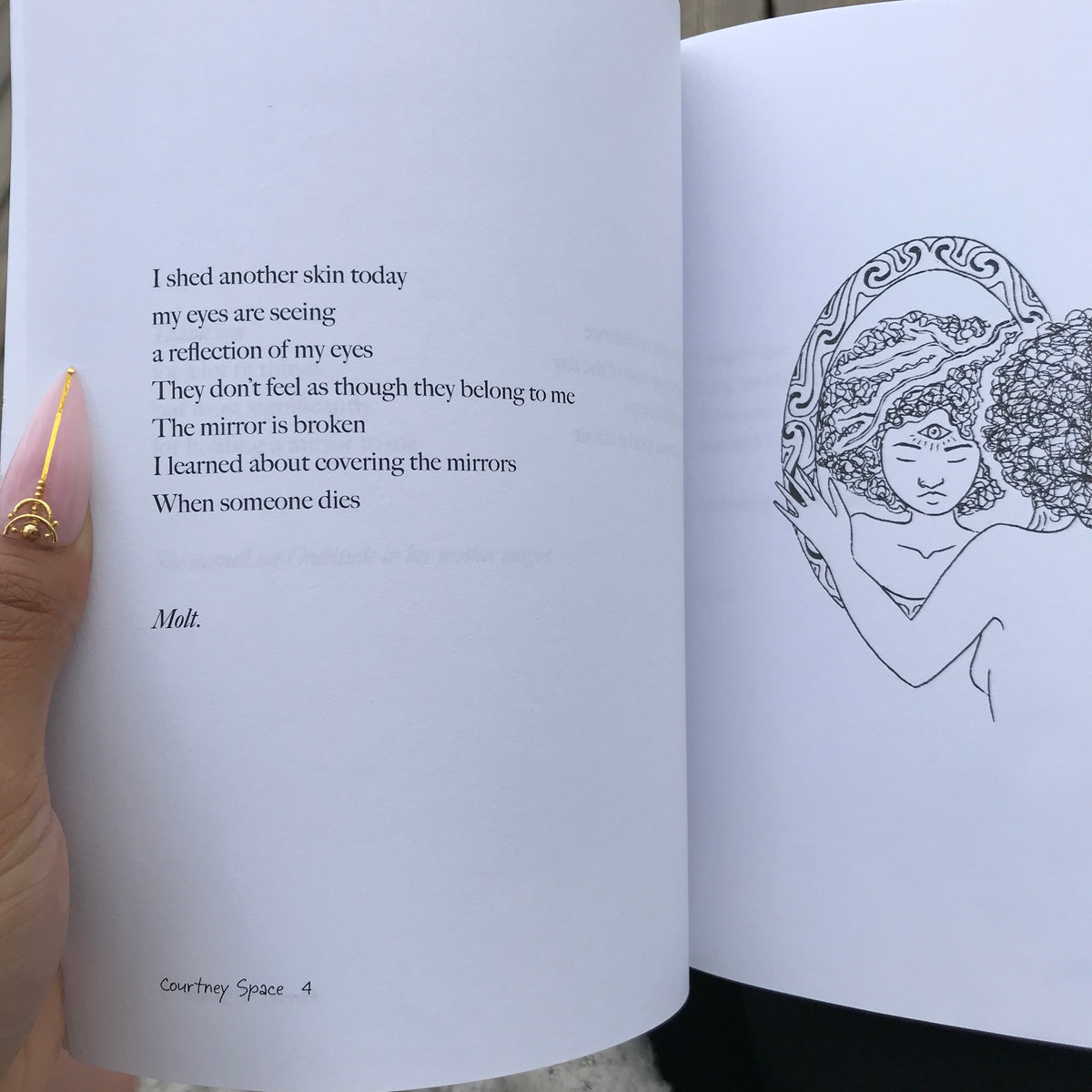 Mirrors & Smoke by Courtney Space. Through poetry, prose and illustrations, I share my spiritual journey to self-discovery, and how I navigated addiction, learned mental wellness, self-love and resilience. Illustrated by Mia Ohki